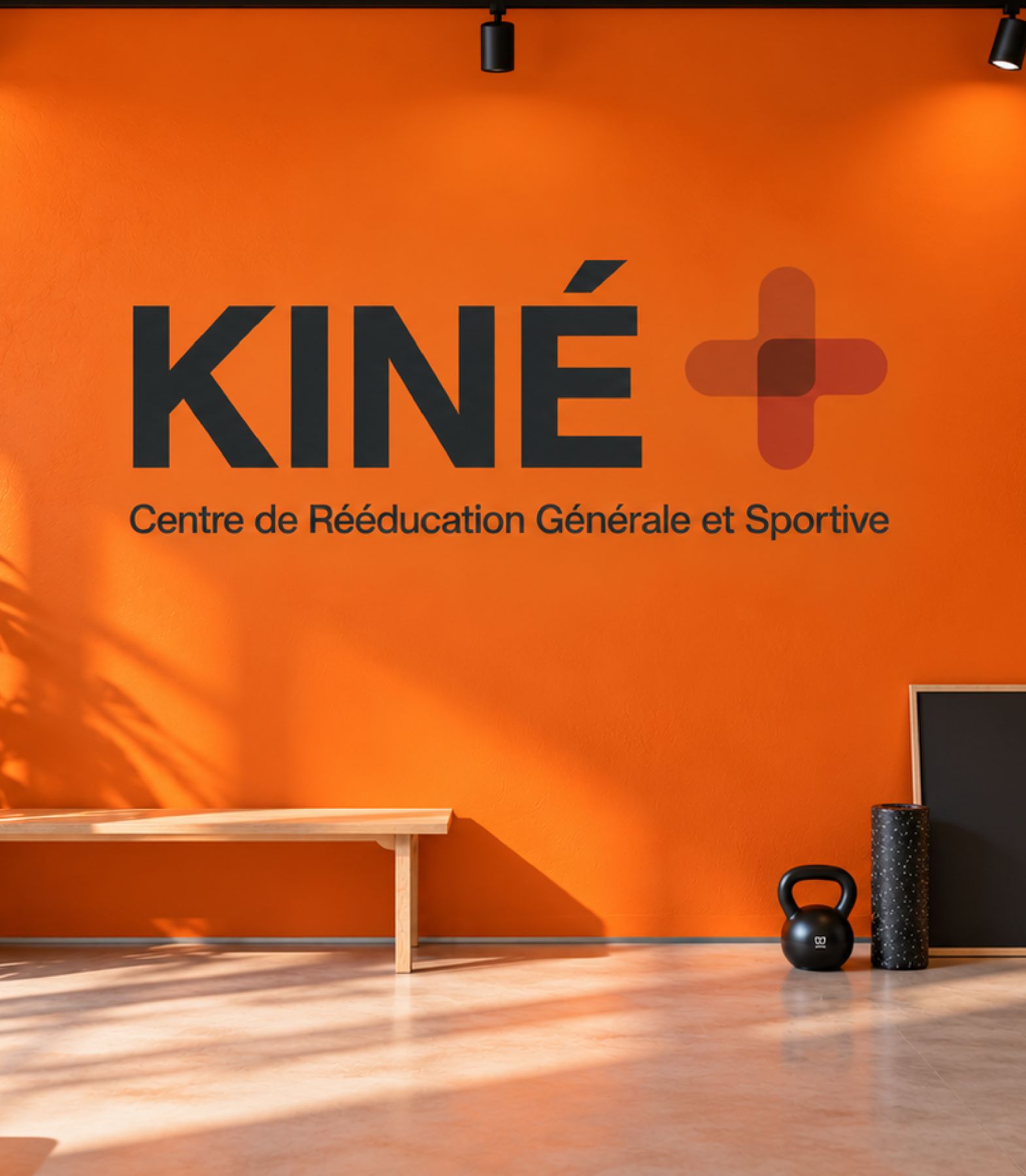 Le logo KINÉ+ peint sur le mur orange d'une salle de rééducation, un banc et un kettlebell devant