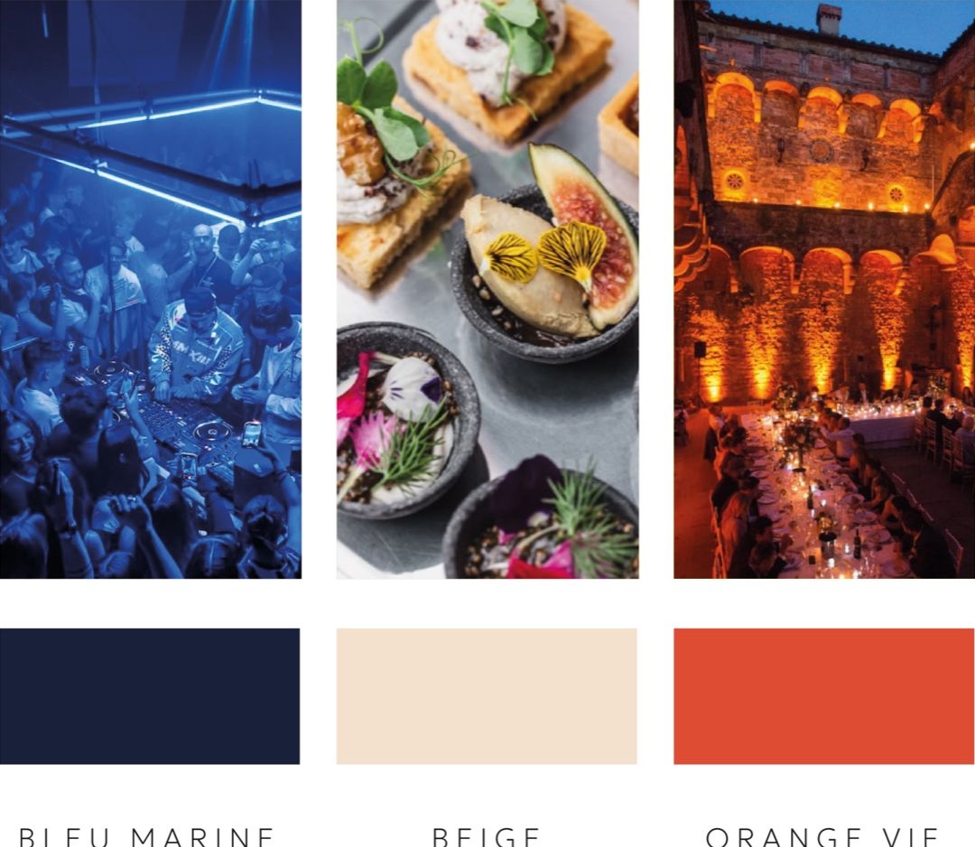 La palette du projet — bleu marine, beige, orange vif — sous trois photos d'ambiance