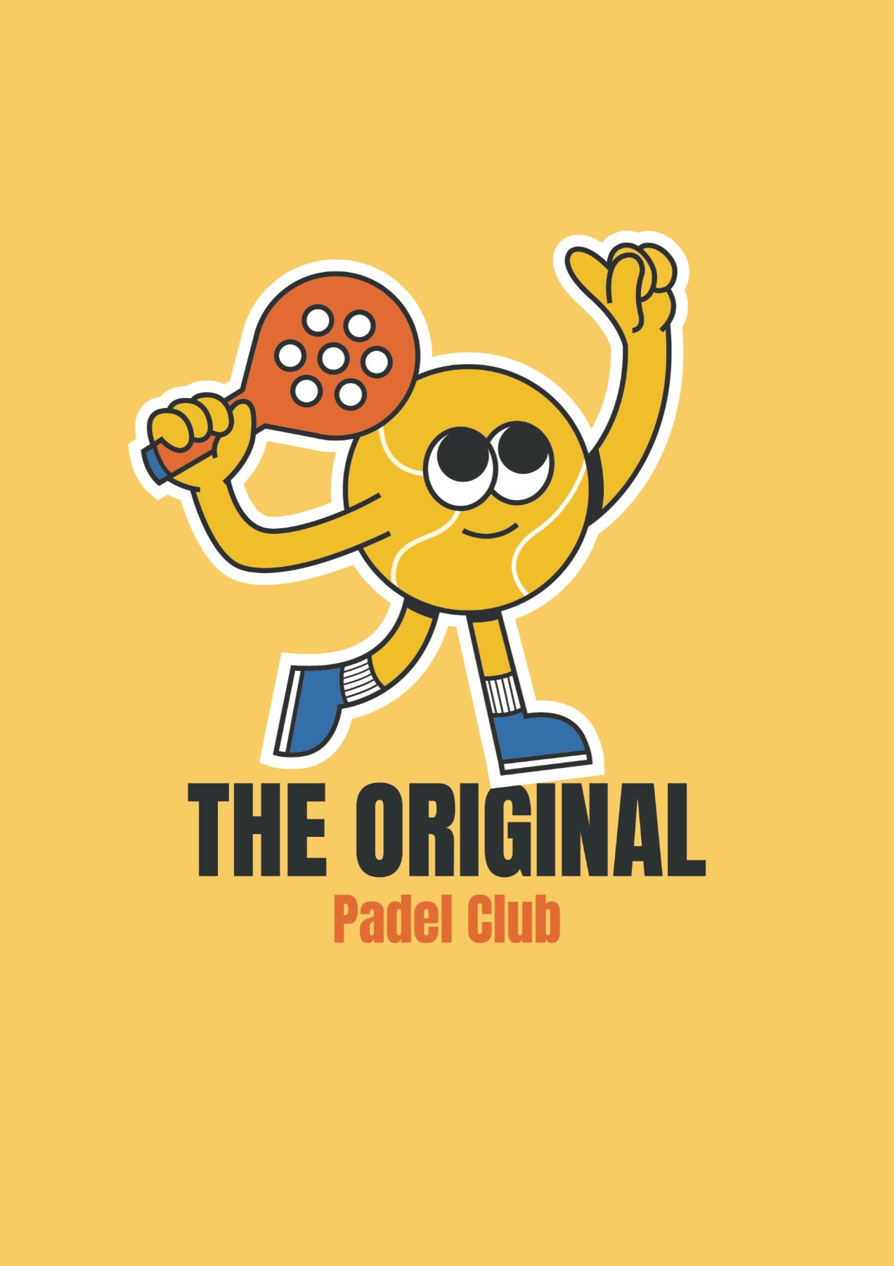 L'affiche jaune « The Original Padel Club » : une balle de padel cartoon, raquette à la main