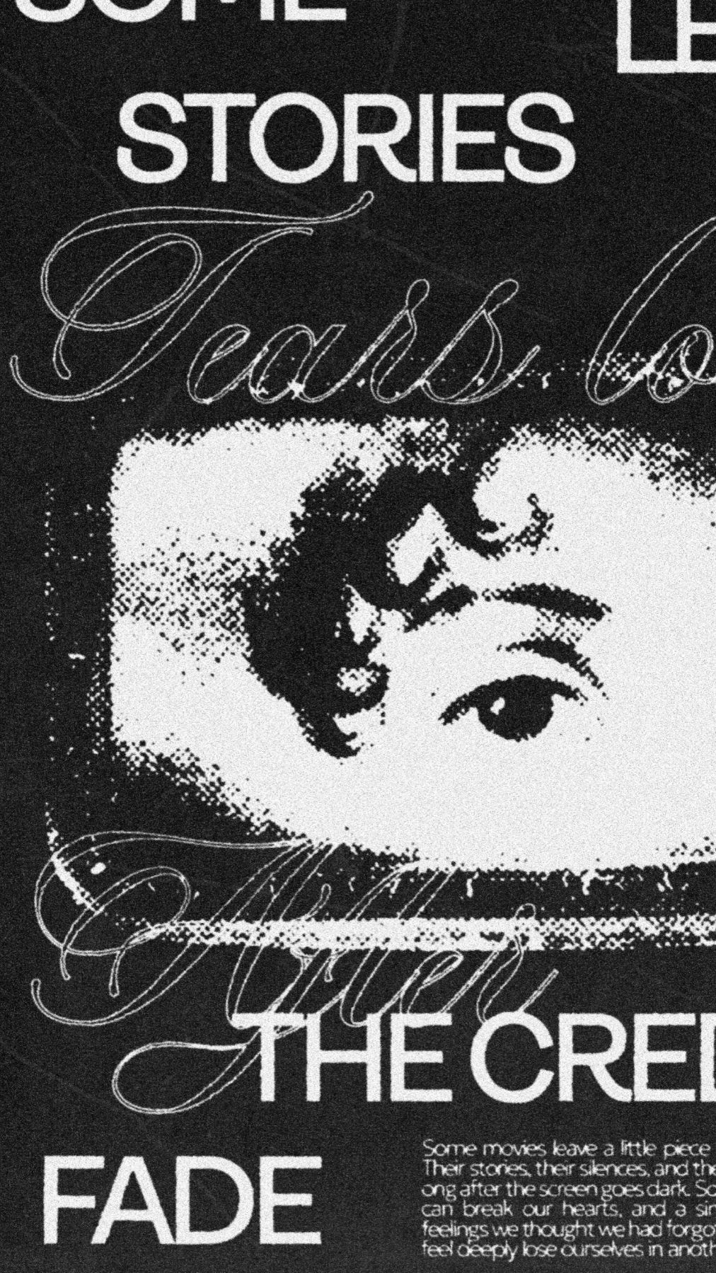 L'affiche SOME STORIES en noir et blanc : un œil en trame, le titre en capitales et en écriture anglaise