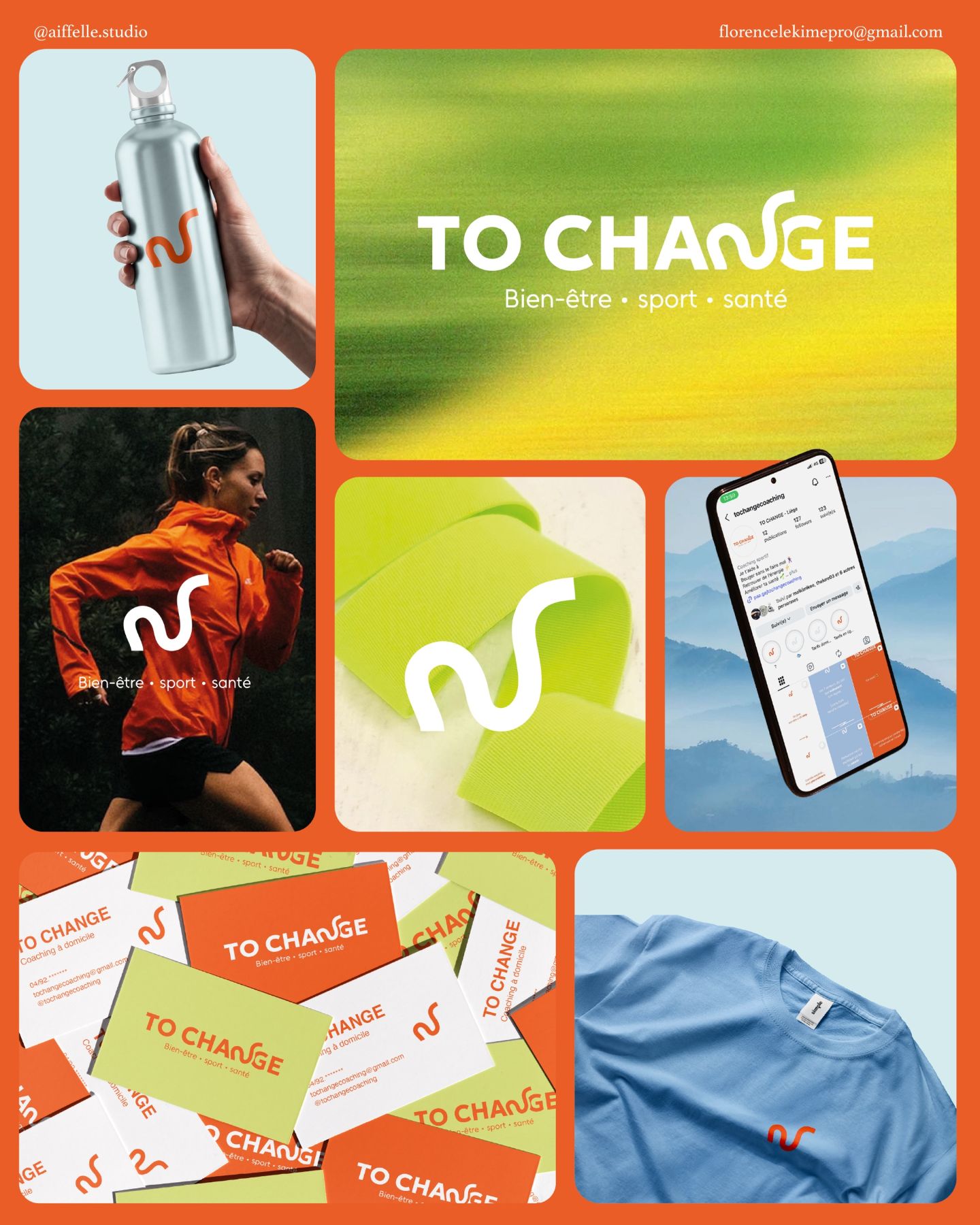 La planche de l'identité TO CHANGE : gourde, cartes, t-shirt, application